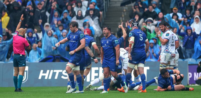 Leinster's Ryan Baird and Tom Clarkson celebrate Jack Conan’s try against the Bulls in the URC final at Croke Park last weekend. Photograph: James Crombie/Inpho