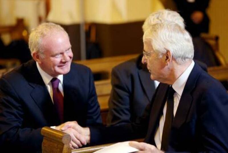 Martin McGuinness shakes hands with John Major at the funeral of former taoiseach Albert Reynolds in Donnybrook, Dublin on August 25th, 2014. Photograph: Maxwell's