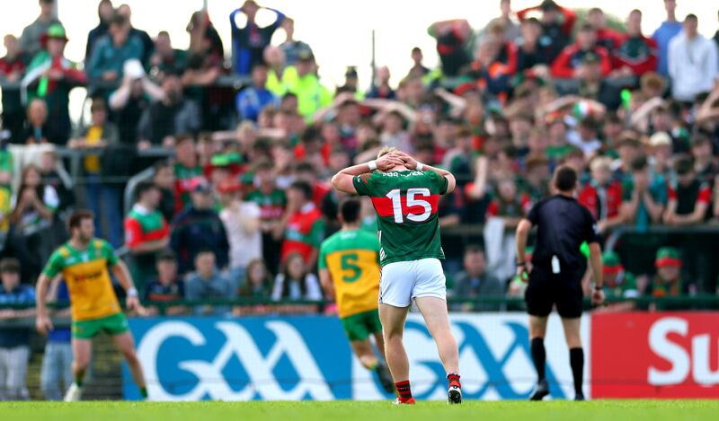 Mayo’s Ryan O’Donoghue reacts to a missed chance. Photograph: James Crombie/Inpho