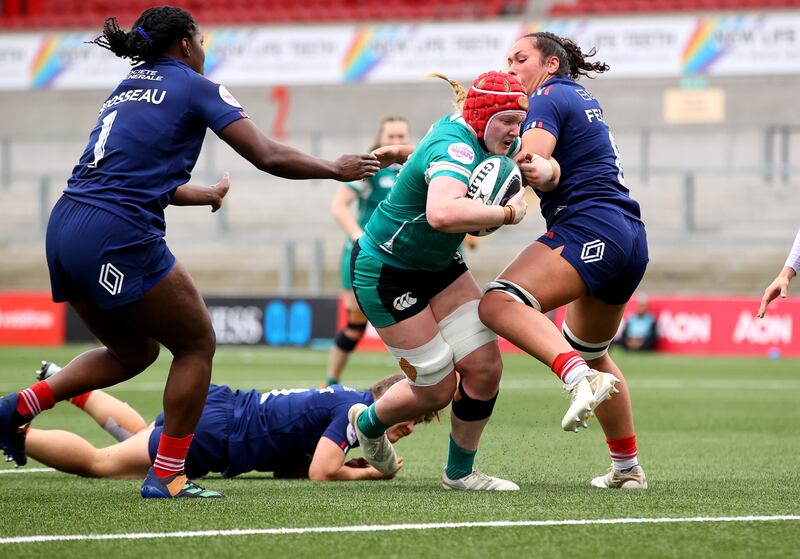 Aoife Wafer scores a try for Ireland against France in the opening round of this year's Six Nations. Photograph: Ben Brady/Inpho