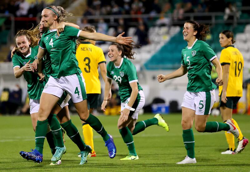 Louise Quinn celebrates with her Irish team-mates after scoring the winning goal in the friendly against Australia. Photograph: James Crombie/Inpho