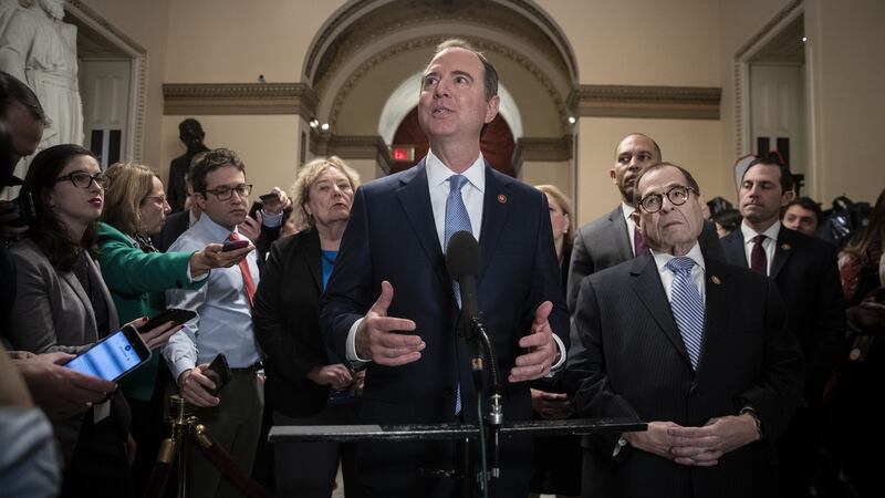 House impeachment manager Adam Schiff speaks to reporters on Tuesday. Photograph: Drew Angerer/Getty Images
