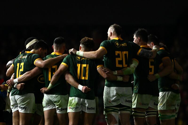 The South Africa players during the Autumn Nations Series 2024 match between Wales and South Africa at Principality Stadium. Photograph: Dan Mullan/Getty Images