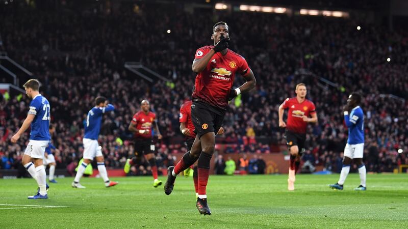 Paul Pogba celebrates after scoring Manchester United’s opener. Photograph: Michael Regan/Getty
