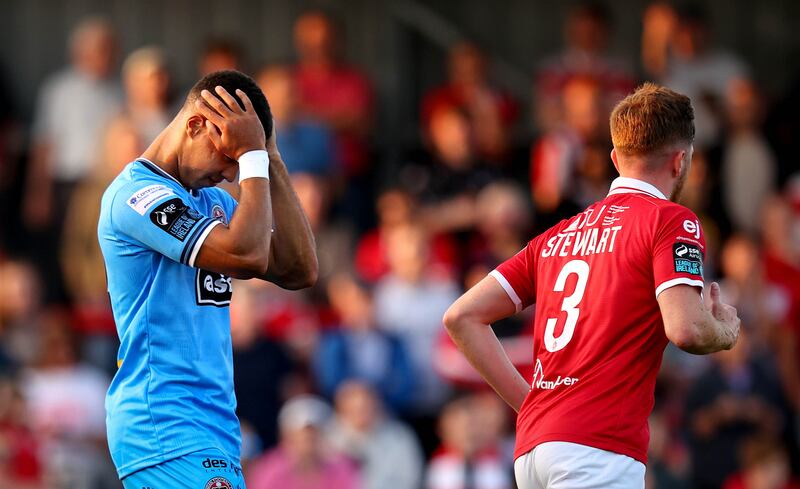 Bohs’ Douglas James-Taylor reacts to a missed chance. Photograph: Ryan Byrne/Inpho