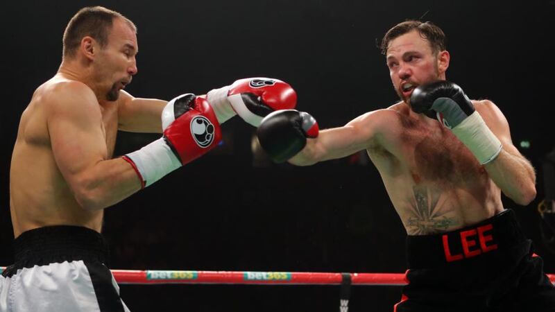 Andy Lee  and Ferenc Hafner in action during their  middleweight fight in Manchester. Photograph: Dave Thompson/PA