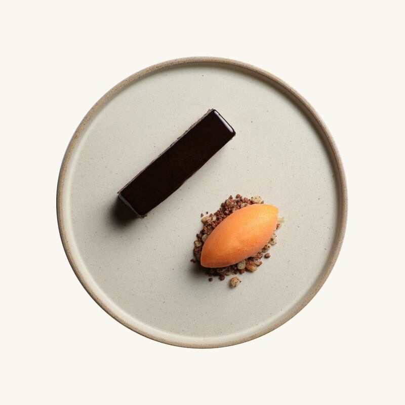 Deep fried Mars Bar: Chocolate opera, Irn Bru sorbet, chocolate soil.