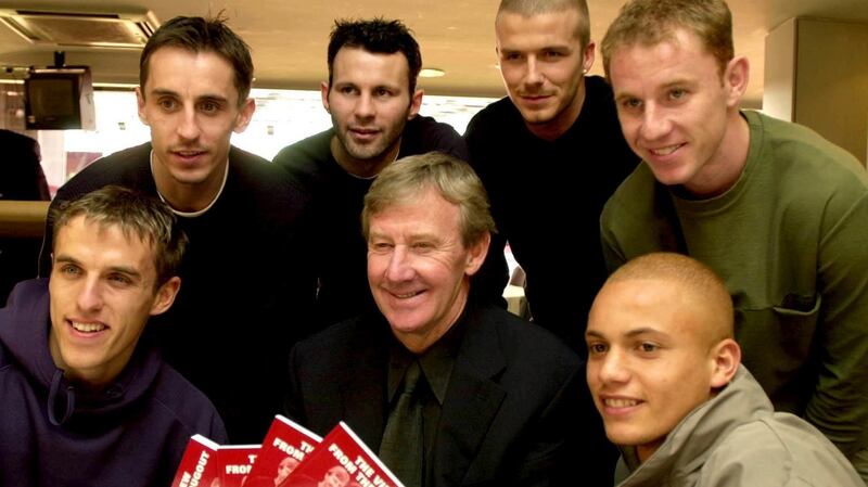 Eric Harrison with Phil Neville, Gary Neville, Ryan Giggs, David Beckham, Nicky Butt and Wesley Brown in 2001. Photograph: Rui Vieira/PA