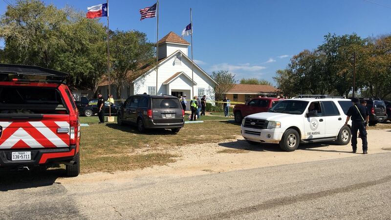 The area around a site of the  shooting is taped out in Sutherland Springs. Photograph: Max Massey/Reuters