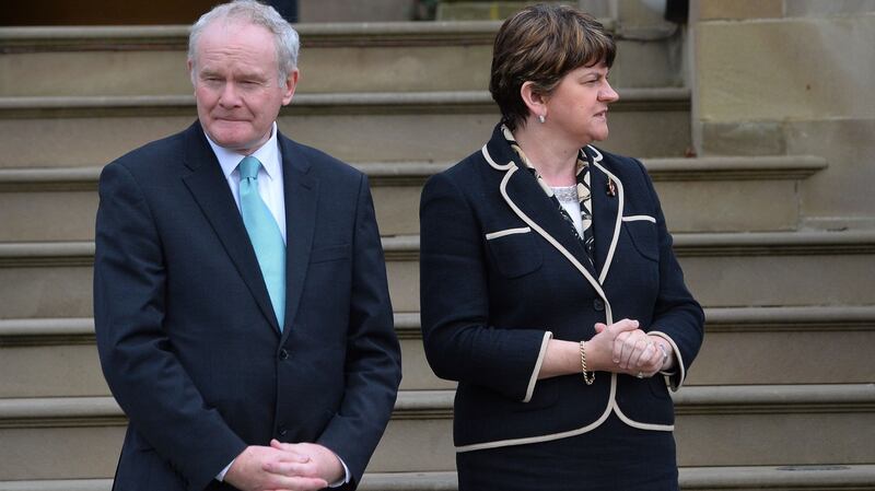 Former deputy first minister Martin McGuinness and First Minister Arlene Foster  at Stormont Castle last year. Photograph: Colm Lenaghan/Pacemaker