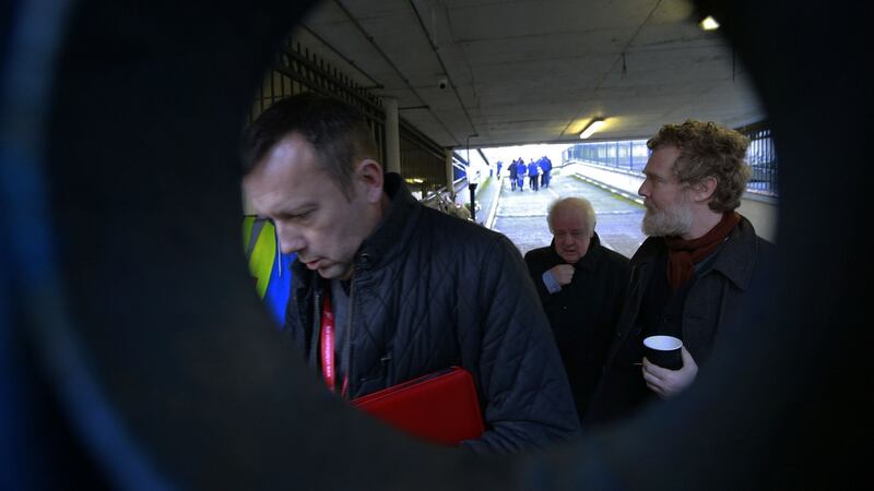 Brendan Ogle, Jim Sheridan and Glen Hansard at Apollo House. Photograph: Nick Bradshaw/The Irish Times