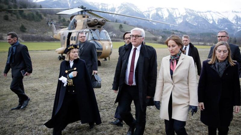 German foreign affairs Minister Frank-Walter Steinmeier (centre) visits with French Environment Minister Segolene Royal (2nd R) the emergency situation centre in Seyne Les Alpes, France, on Wednesday near the crash site of the Germanwings A320 aircraft. Germanwings Flight 4U 9525 from Barcelona to Duesseldorf crashed over the Southern Alps in France with 144 passengers and six crew on board. Photograph: Reuters