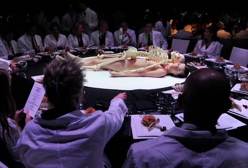 A matter of taste: Marina Abramovic’s fundraising dinner for Los Angeles Museum of Contemporary Art included a naked human centrepiece at the top table. Photograph: Frazer Harrison/Getty