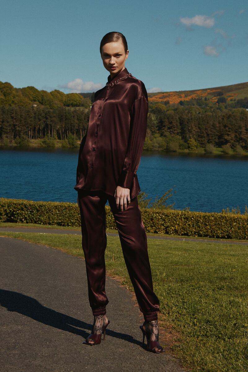 Aoife: Relaxed shirt in plum wine, €285; joggers in plum wine, €325.