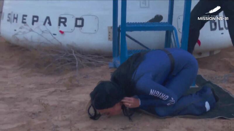 Screen grab taken from Blue Origin on YouTube of singer Katy Perry after her flight in Blue Origin's New Shepard NS-31 spaceship