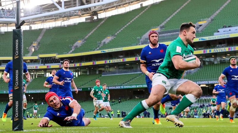 Rónan Kelleher scores a try against France two weeks ago. Photo: Billy Stickland/Inpho