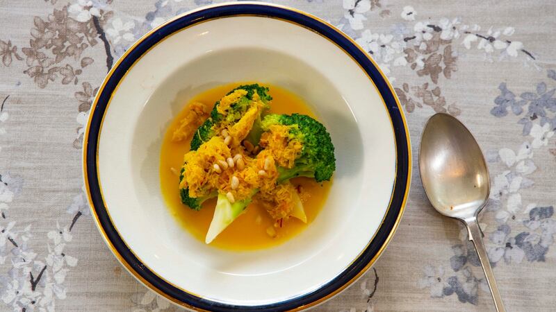 Old-fashioned broccoli, crab and saffron butter. Photograph: Patrick Browne