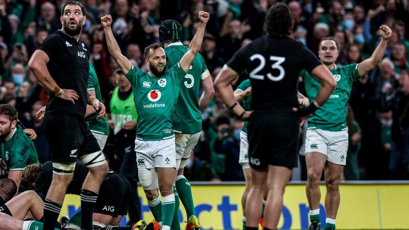 Jamison Gibson-Park celebrates Ronan Kelleher’s try in the win over New Zealand. Photograph: Gary Carr/Inpho