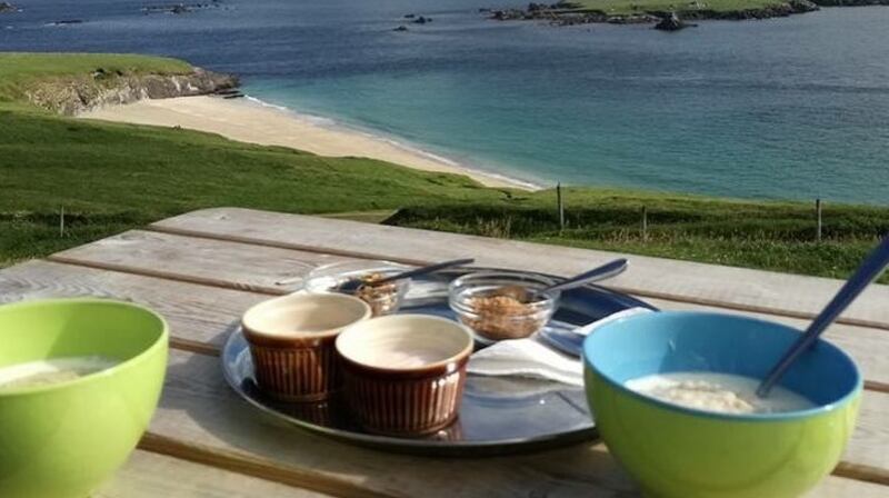 Breakfast in front of Peig’s cottage.
