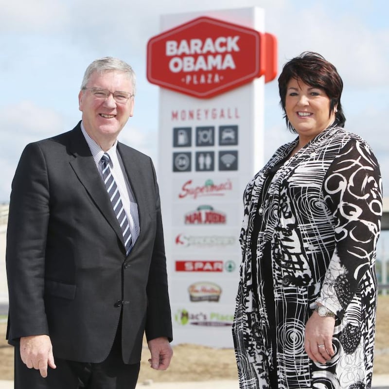 Barack Obama Plaza: Pat and Una McDonagh, its directors, at the petrol station’s opening. Photograph: Press 22