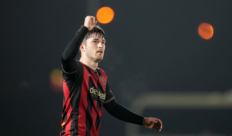 Colm Whelan celebrates his hat-trick for Bohemians. Photograph: James Lawlor/Inpho