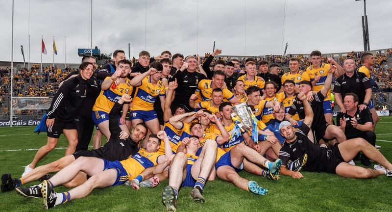 The Clare team celebrate their thrilling All-Ireland final win over Cork at Croke Park. Photograph: James Crombie/Inpho 