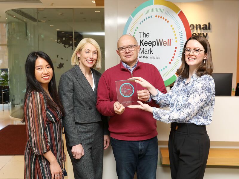 Pictured are Audrey Chew, employee experience manager, Liz Shouldice, chief people officer and Andrew Algeo, CEO, of Premier Lotteries Ireland with Sophie Moran, KeepWell programme manager at Ibec