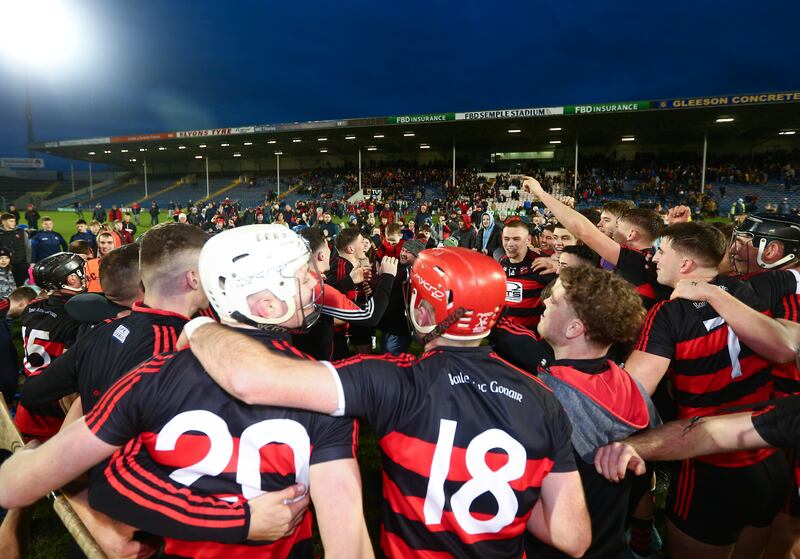 Ballygunner players celebrate their Munster final success over Ballyea at Semple Stadium. Photograph: Ken Sutton/Inpho