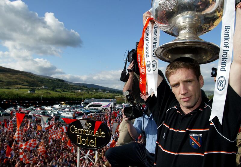 Kieran McGeeney with the Sam Maguire Cup in 2002. Photograph: Lorraine O'Sullivan/Inpho