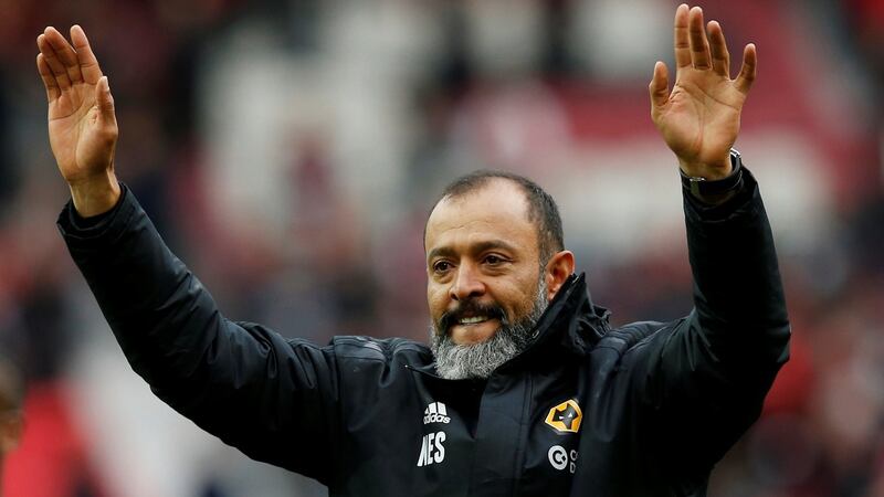 Nuno Espirito Santo celebrates Wolves 1-1 draw at Old Trafford. Photograph: Andrew Yates/Reuters