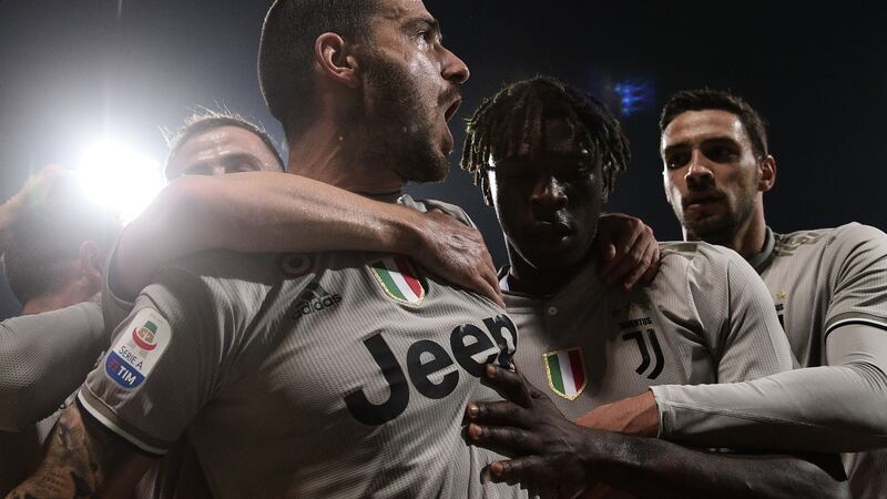 Bonucci celebrates with Kean after opening the scoring. Photo: Marco Bertorello/Getty Images
