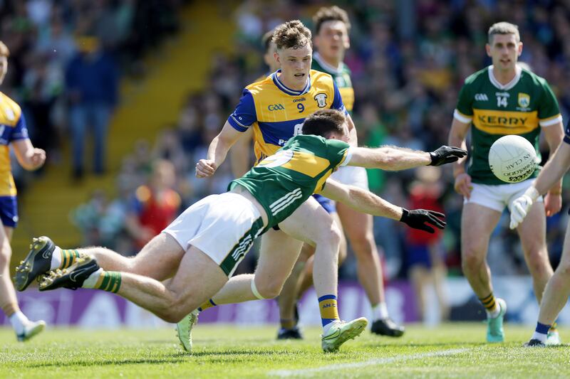 Kerry's Barry Dan O’Sullivan scores his side’s fourth goal in Fitzgerald Stadium. Photograph: Laszlo Geczo/Inpho