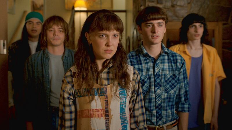 Eduardo Franco, Charlie Heaton, Millie Bobby Brown, Noah Schnapp and Finn Wolfhard in Stranger Things