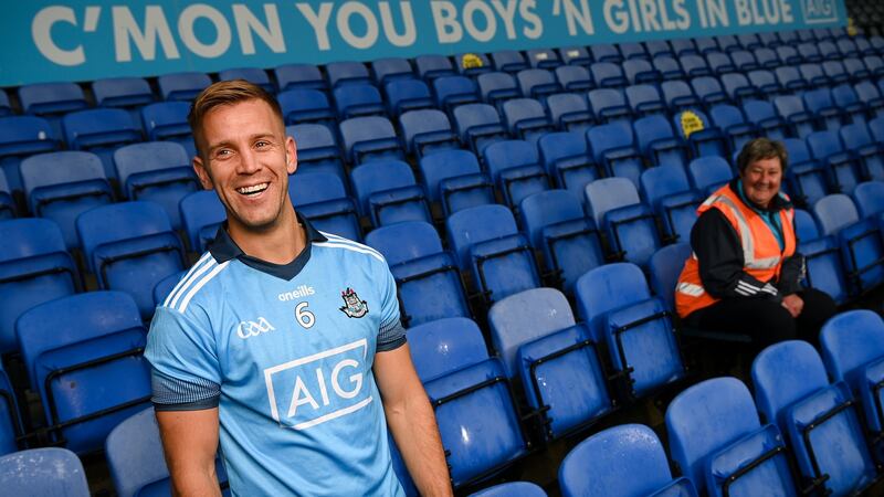 Dublin footballer Jonny Cooper and GAA volunteer Brigid Tolster were in Parnell Park as part of the AIG Insurance launch of a tribute to club volunteers, members and frontline workers. Photograph: Stephen McCarthy/Sportsfile