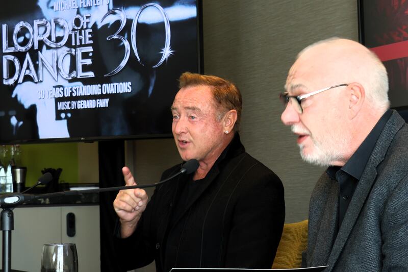 Flatley speaks at the launch event with promoter Peter Aiken. Photograph: Ronan McGreevy