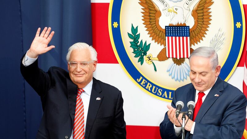 US ambassador to Israel David Friedman and Israeli prime minister Binyamin Netanyahu: embassy move  has been condemned by Palestinians who claim East Jerusalem as the capital of a future state. It  has prompted worldwide protests and has met widespread international criticism. Photograph: Abir Sultan