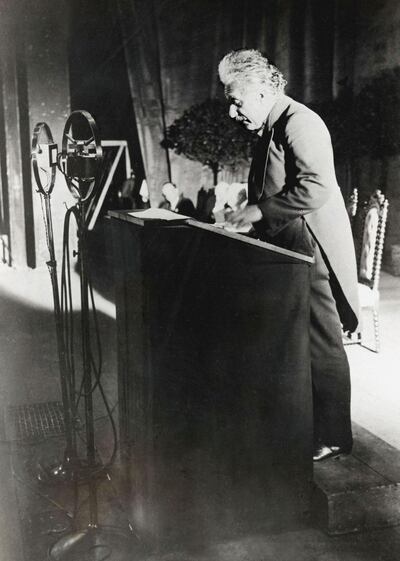 Albert Einstein giving a lecture at the Solvay Conference in Brussels in 1930. Photograph: Getty Images
