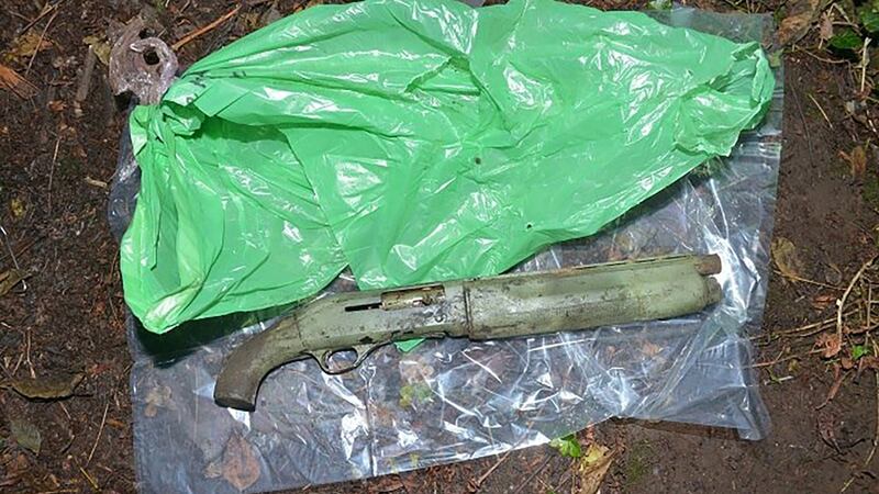 A firearm suspected to be part of a dissident haul discovered during an ongoing two-day search operation on the outskirts of Lurgan. Photograph: Pacemaker