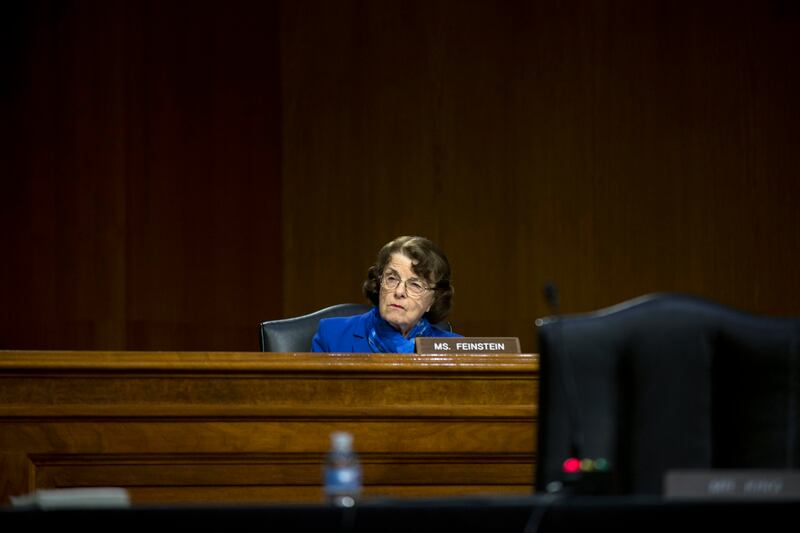 Senator Dianne Feinstein during a hearing before the Senate Intelligence Committee in Washington on May 5th, 2020. Photograph: Gabriella Demczuk/New York Times
                      