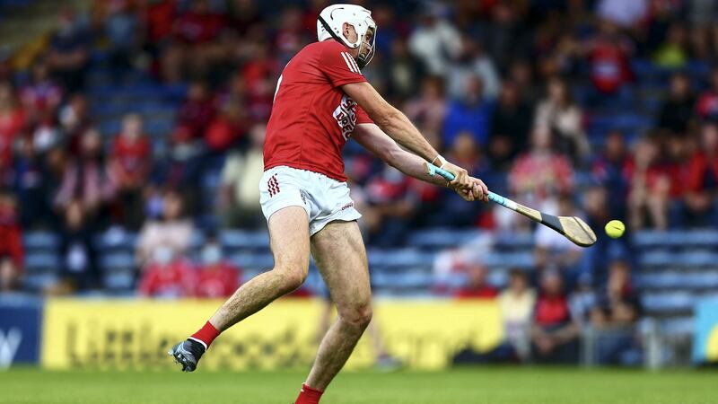Cork’s Tim O’Mahony scores his side’s opening goal during the All-Ireland quarter-final against Dublin at Semple Stadium. Photograph: Ken Sutton/Inpho