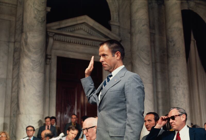 Former White House chief of staff Bob Haldeman  takes the oath at the Congressional hearings into the Watergate scandal. Photograph: Getty Images