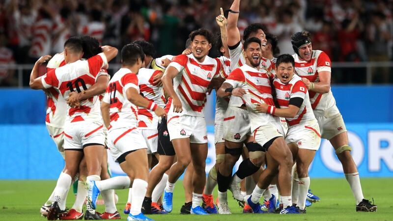 Japan celebrate victory over Ireland during the 2019 Rugby World Cup Pool A match at the Shizoka Stadium Ecopa, Shizuoka Prefecture, Japan. Photo: Adam Davy/PA Wire