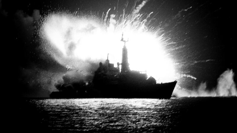 An Argentinean bomb explodes on board the  HMS Antelope, killing the engineer attempting to defuse it, during the Falklands War on May 23rd, 1982. Photograph: Martin Cleaver/PA Wire