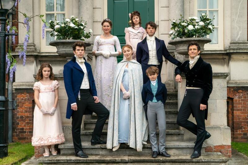 The Bridgertons. From left; Hyacinth (Florence Hunt), Colin (Luke Newton), Lady Violet (Ruth Gemmell), Daphne (Phoebe Dynevor), Eloise (Claudia Jessie), Anthony (Jonathan Bailey), Gregory (Will Tilston) and Benedict (Luke Thompson). Photograph: Liam Daniel/Netflix