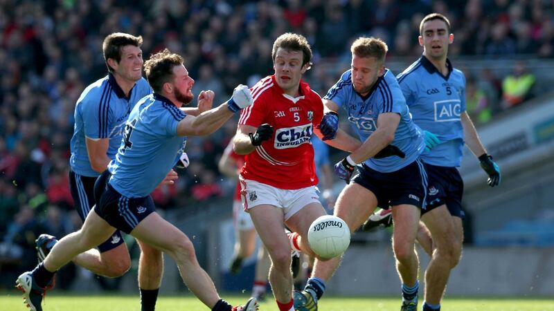 Allianz Football League Division 1 Semi-Final 13/4/2014Cork vs DublinJames Loughrey of Cork with Declan O’Mahony, Philly McMahon, Jonny Cooper and James McCarthy of DublinMandatory Credit ©INPHO/Donall Farmer