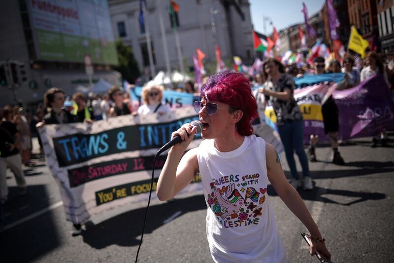 Ollie Bell, an LGBTQ+ activist, leads the annual Trans and Intersex Pride march towards the Dáil from Dame Street. Photograph: Chris Maddaloni