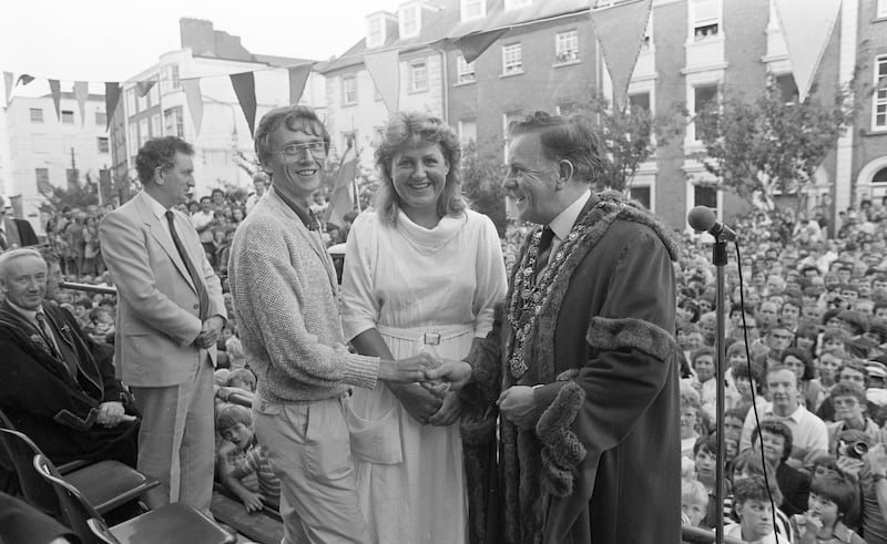 Waterford homecoming for Olympic Star John Treacy who won a silver medal for 2nd place in the Marathon in the 1984 Los Angeles Olympic Games. In this picture also is Patricia Walsh who participated in the Discus event. Photograph: Independent News and Media/Getty Images