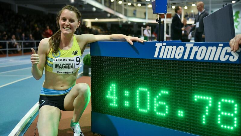 Ciara Mageean celebrates her new indoor Irish 1,500m record, 4:06.76, which was rounded down from 4:06.78. Photograph: Brendan Moran/Sportsfile
