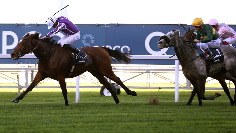 Ryan Moore and Magical lead the field home to win The Qipco British Champions Fillies & Mares Stakes Race at Ascot. Photograph: Julian Herbert/PA Wire