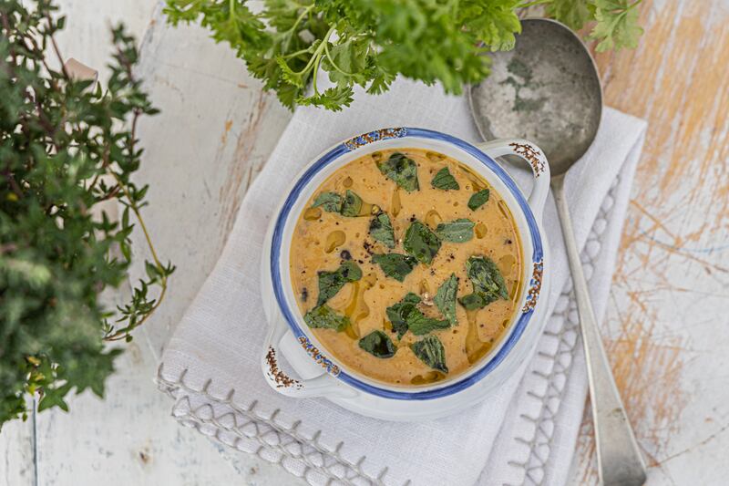 Slow cooker roasted chicken noodle soup. Photograph: Harry Weir Photograph